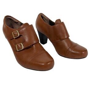 Clarks Leather Double Buckle Monk Booties Heels Sapphire Tan Leather 9.5 M Women